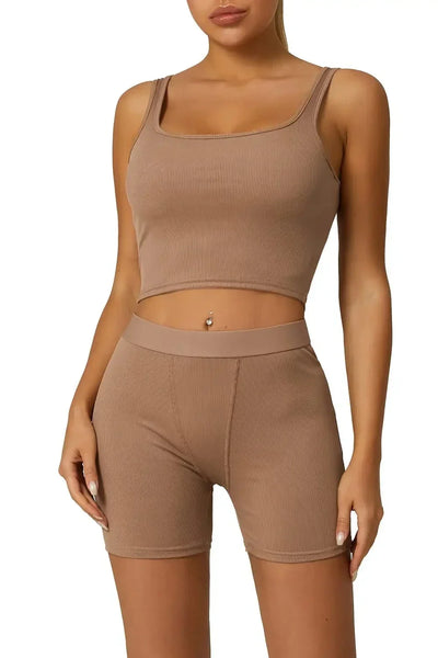 Women's 2 Piece Casual Workout Outfits Ribbed Knitted Yoga Tank Top High Waist Leggings Tracksuit Active Wear Sets