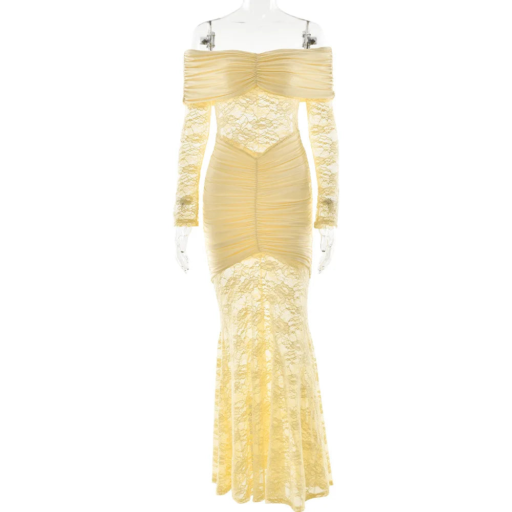 Woman Clothing Lace Patchwork Evening Dress 2025 Autumn Sexy Slash Neck Long Sleeve Folds Party Gown Lady Long Maxi Prom Dresses