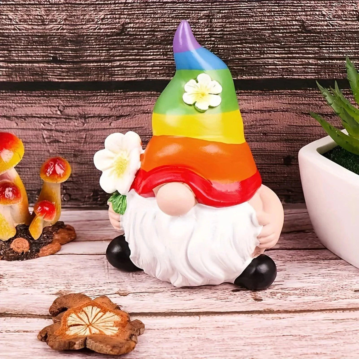 Garden Gnome Figurine with Rainbow Hat Miniature Ornaments Cute Mini Dwarf Planter Flowerpot Decor Accessories