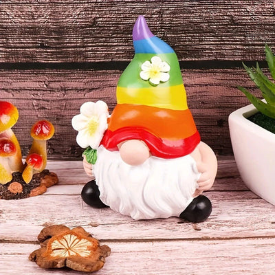 Garden Gnome Figurine with Rainbow Hat Miniature Ornaments Cute Mini Dwarf Planter Flowerpot Decor Accessories