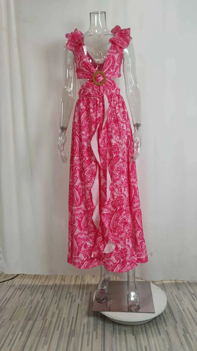 2025 Dress For Women Spring New Printed Deep V Sexy Exposed Waist Hollow Pleated Slit Long Dress Elegant Birthday Party Vestidos - Elanique