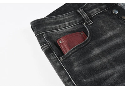 Fashionable new men's jeans with pleats, washed water, nostalgic perforations, red patches, men's black and gray jeans, high str