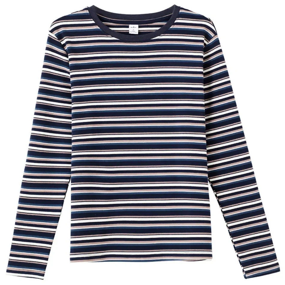 2024 New Women Clothing Crew Neck Striped Bottom Shirt Spring and Autumn Long Sleeve Tops T-Shirt Loose Interior Casual Top