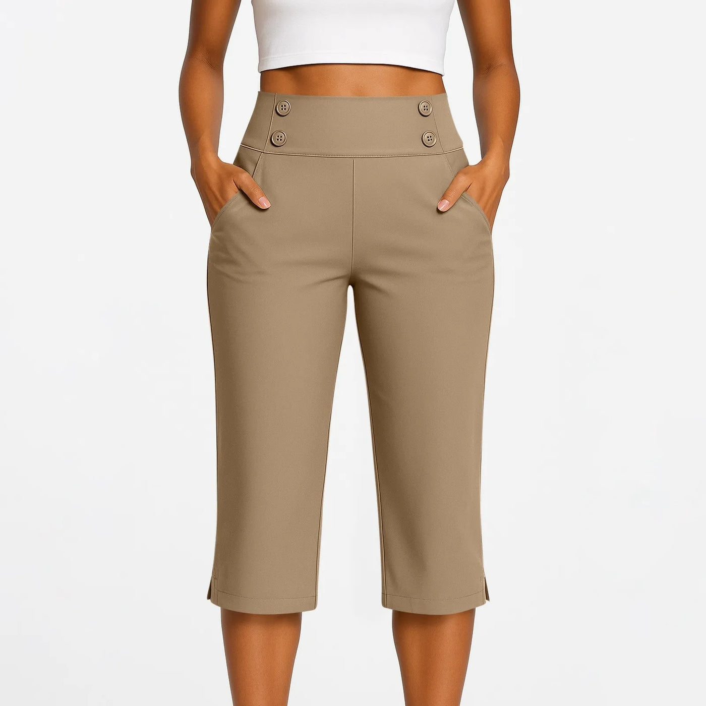 Women Elastic High Waist 3/4 Pant Casual Active Fit Wide Capris Leg Pants Trousers With Pockets Pants Woman брюки женские