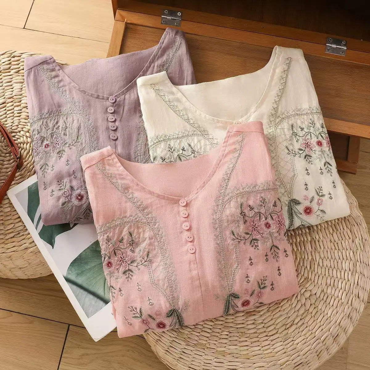 Cotton and Linen V-neck Embroidered Shirt for Women, Summer Thin Style Loose Medium Sleeves Small Shirt Top