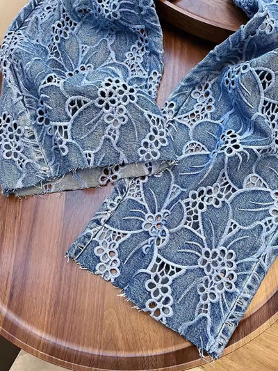 Summer Women Lace Floral Embroidery Wide Leg Denim Pants Spliced Loose Fit High Waist Hollow Out Jeans Streetwear Long Trousers