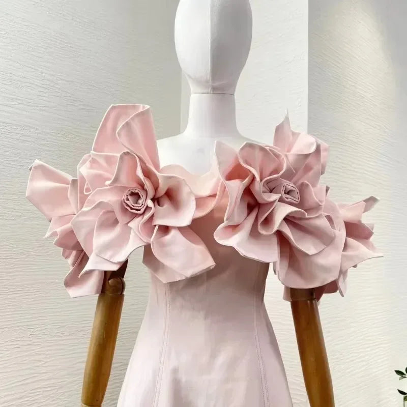 2025 New Design Spring Summer Strapless Pink Flowers High Quality Appliqued Decoration Women Midi Dress - Elanique