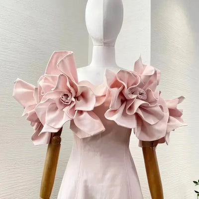 2025 New Design Spring Summer Strapless Pink Flowers High Quality Appliqued Decoration Women Midi Dress - Elanique