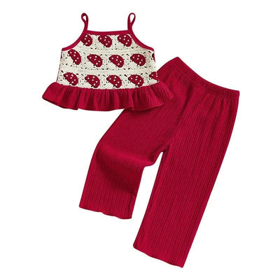 Toddler Girls 2 Piece Outfits Crocheted Flowers Fruit Ruffled Camisole and Elastic Pants Set Baby Children Summer Clothes