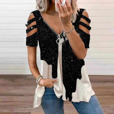 Summer Women's Oversized T-shirt 2025 Elegant Print Floral Casual Zipped V-Neck Sexy SlimTop Female Plus Size For Women Clothing