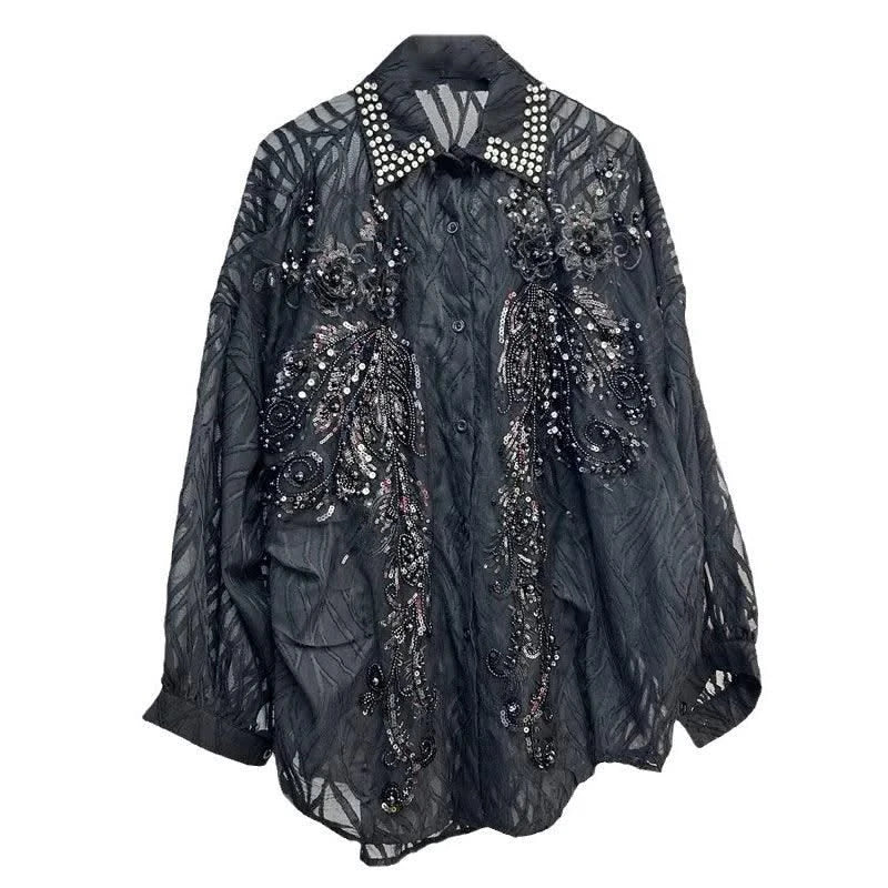 WTHT New Trendy Women's Sequins Diamonds Bows Lace Shirt 2025 Spring Fashion Lapel Long Sleeves Loose Blouse Female 1LS740