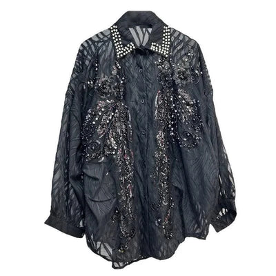 WTHT New Trendy Women's Sequins Diamonds Bows Lace Shirt 2025 Spring Fashion Lapel Long Sleeves Loose Blouse Female 1LS740
