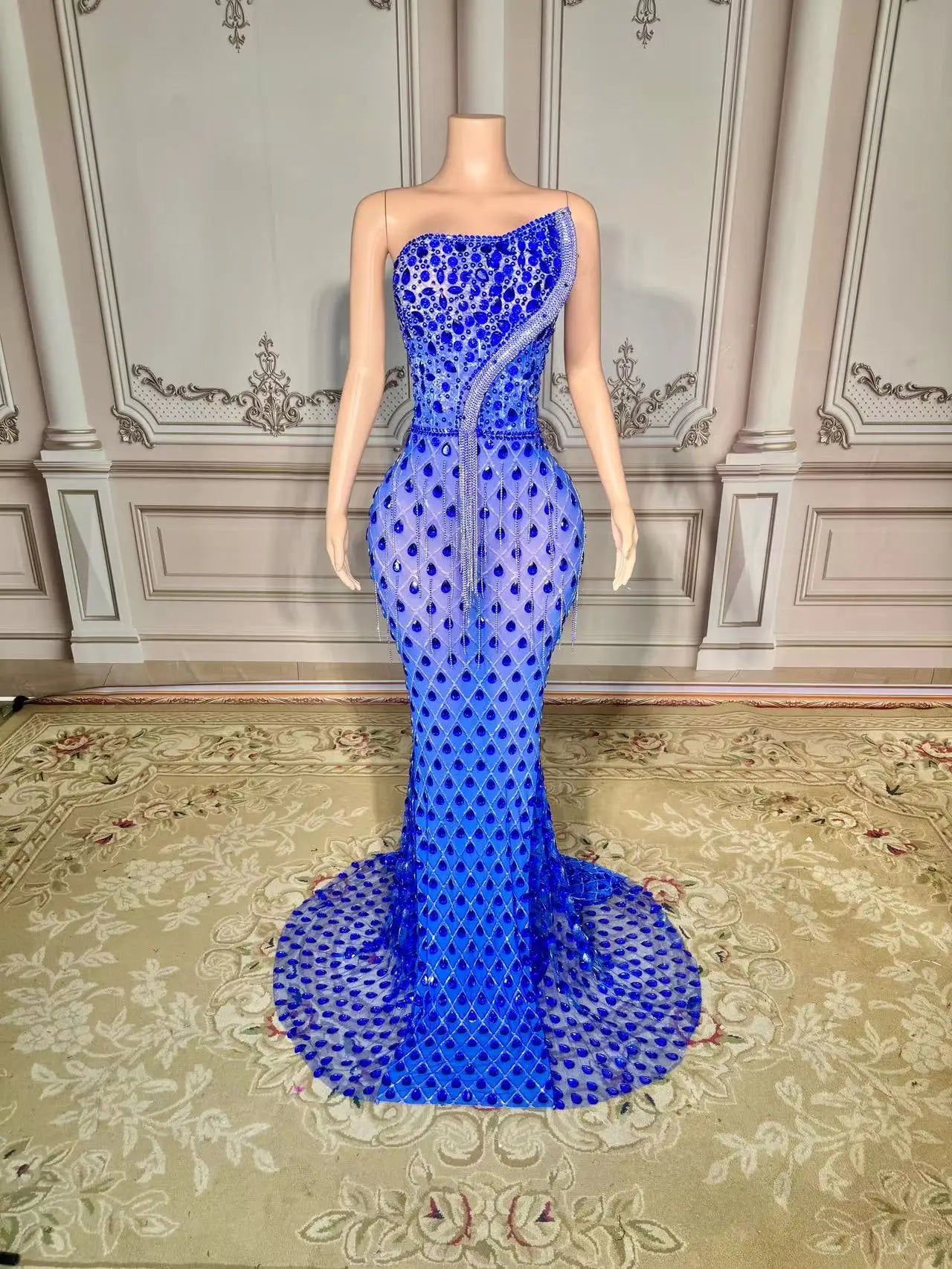New Sparkly Rhinestones Pearls Floor-length Feathers Dress Women Birthday Celebrate Wedding Evening Prom Dress Photo Shoot Wear