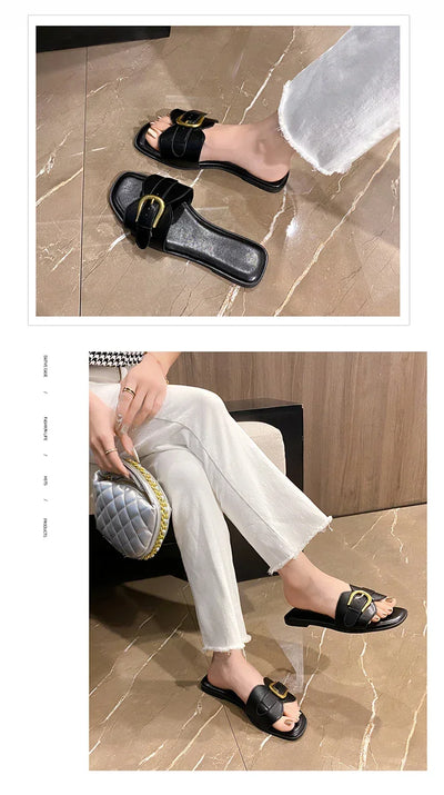 Summer Women Slippers Leather Square Toe Women Flats Flip Flops Designer Ladies Slides Sandals Women Shoes Luxury Sandals