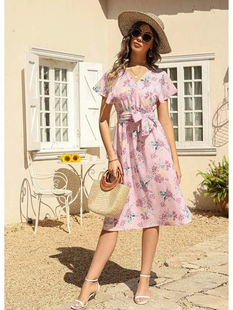 Floral Print Midi Dress Women Robe Elegant Chic
