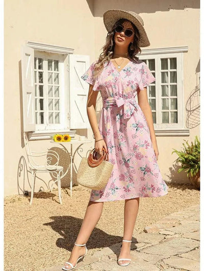 Floral Print Midi Dress Women Robe Elegant Chic