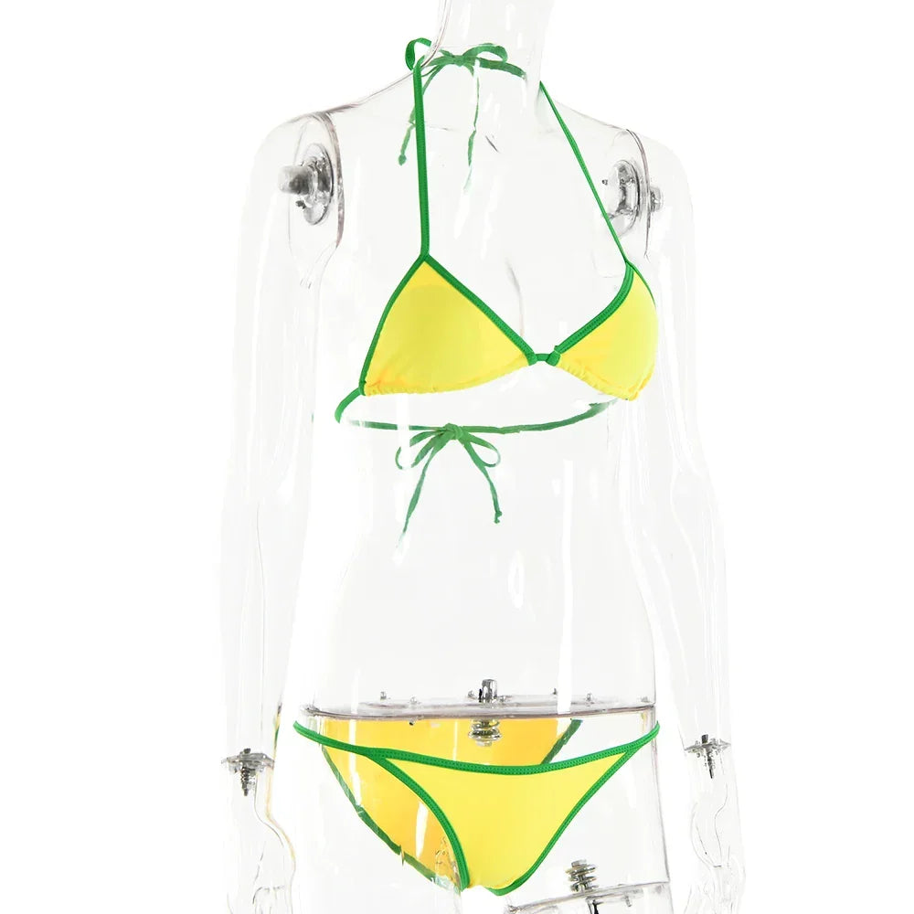 Absobe Brazilian Contrast Color Bikini Set Triangle Women Swimwear Patchwork Halter Swimsuit Hottie Summer Party Beachwear 2024