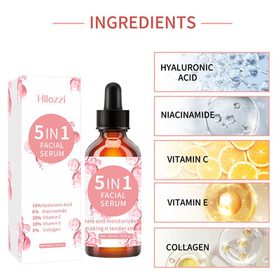 5 In 1 Fade fine lines Firming Face Serum Moisturizing brightning Vitamin C Hyaluronic Acid Facial Serum Shrink Pores Skin Care