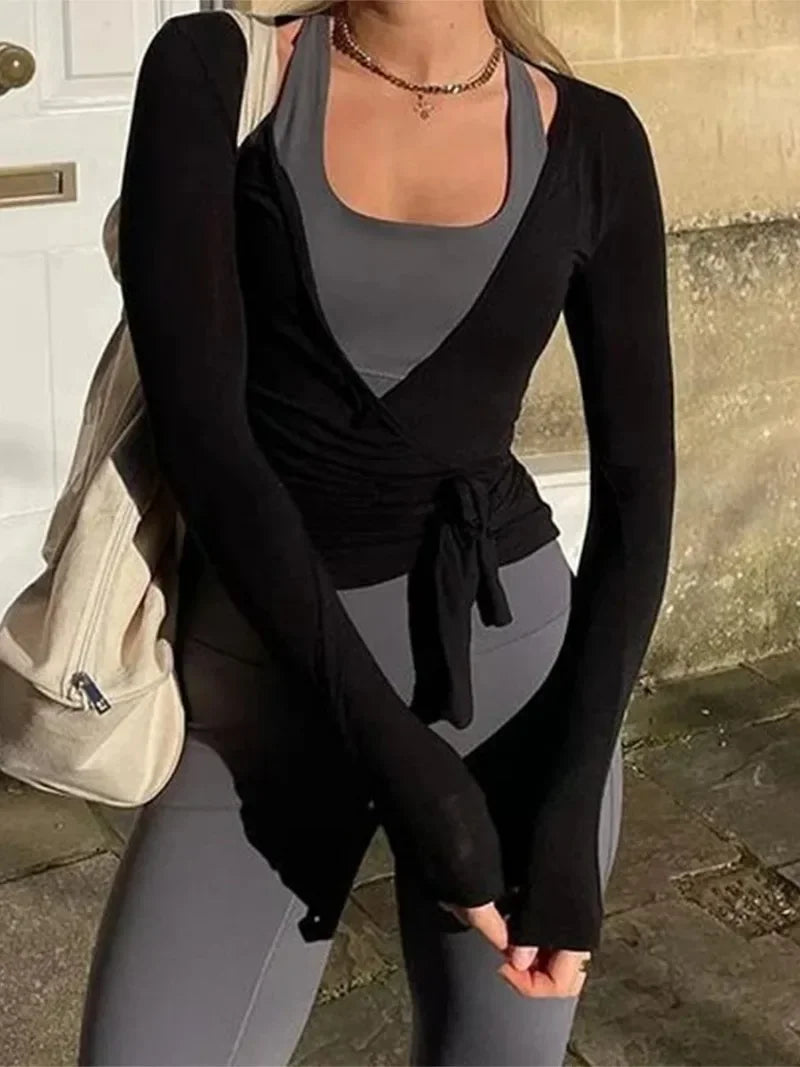 Women's Yoga Shirts Wrap Ruched Tie Front Long Sleeve Workout T Shirts Sexy Deep V Neck Slim Fit Casual Cropped Top