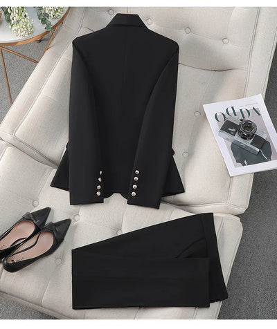 High Quality Suit Office Casual Two Piece Set Spring Autumn Women Double Breasted Blazers+Straight Zipper Trousers Women Outfit