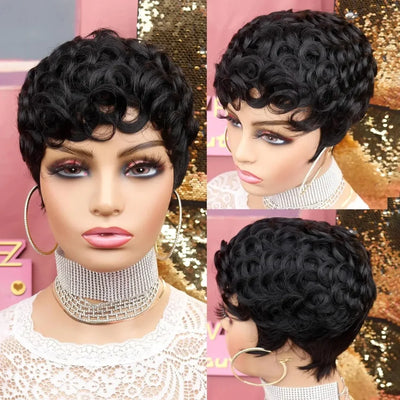 Human Hair Short Pixie Wigs for Black Women Short Black Curly Pixie Wig Short Hair Wigs for Black Women Natural Wavy Black Wig
