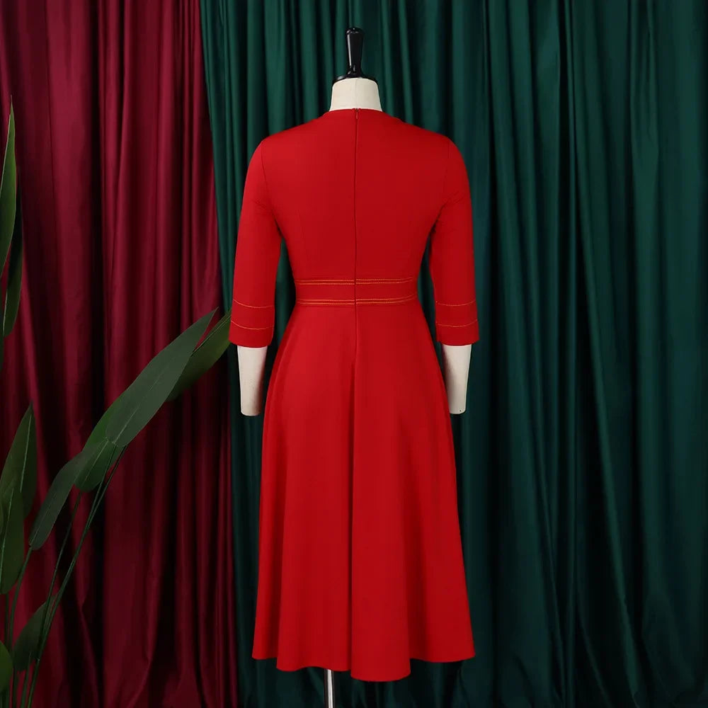 Elegant Dresses for Women Party 2024 Luxury O Neck 3/4 Sleeve High Waisted Pleated A Line Bridesmaid Midi Calf Birthday Dress