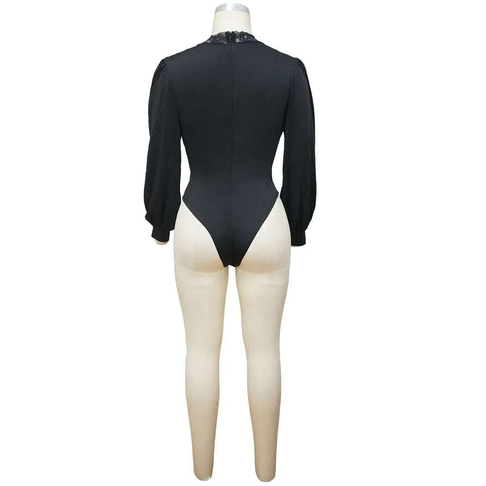 Sexy Lace Applique Long Sleeve Women Bodysuit Mesh Bodysuits Deep V Neck Backless Leotard Tops Female Basic Tops