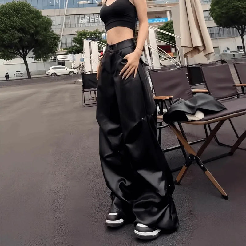 Fashionable Wide Leg Pants for Spring and Autumn Women's New High Waisted Straight Leg Loose Floor Length Casual Leather Pants