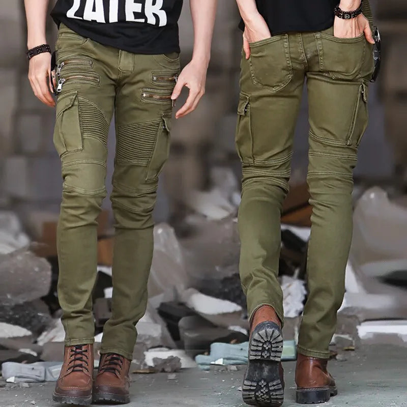 Men's Jeans Green Denim Biker Jeans Skinny New Runway Distressed Slim Elastic Homme Hip Hop Military Motorcycle Cargo Pants