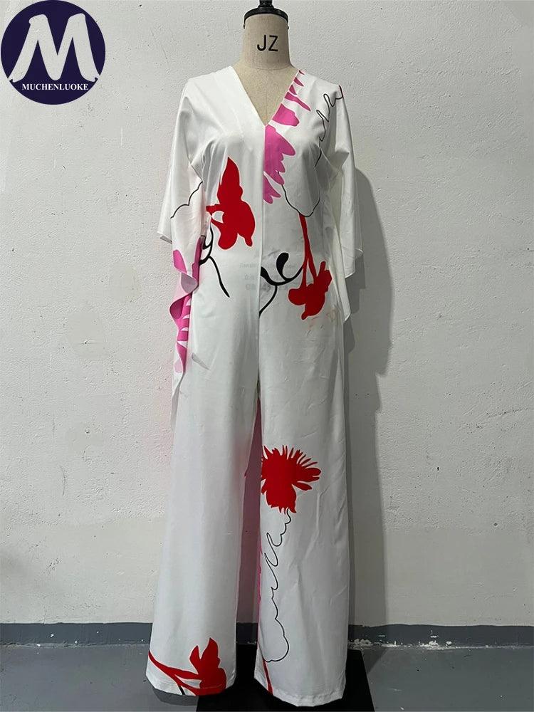 Jumpsuits for Woman Summer Printing Three Quarter Sleeves V Neck Jumpsuits Fashionable Casual Loose Women's Wide-leg Jumpsuit