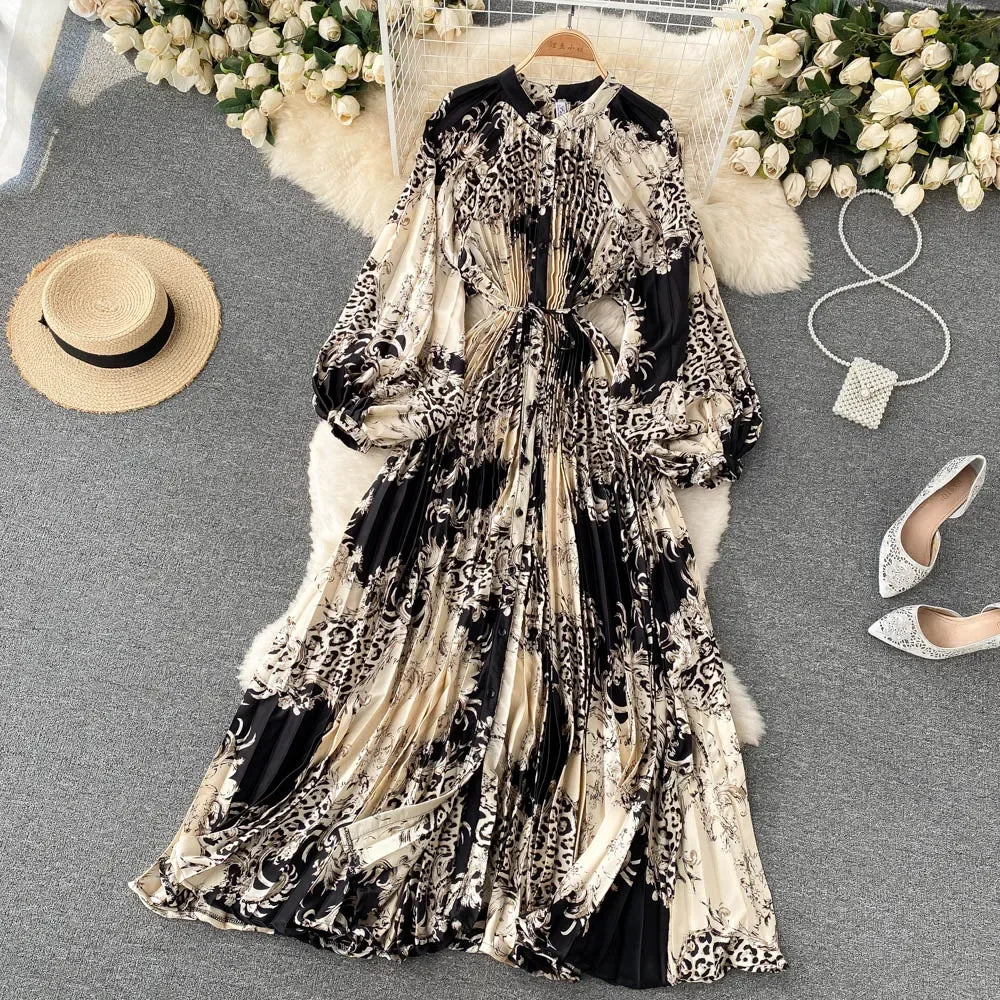 Retro Print Elegant Pleated Lace-up Chiffon Long Sleeve Dress A-line Blouse French Casual V-neck High Waist Women Summer Dresses