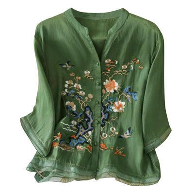 3/4 Sleeve Cotton Linen Shirts For Women 2025 Summer Boho Retro Embroidered Tops Dressy Casual Trendy Vacation Blouse Y2K Tops