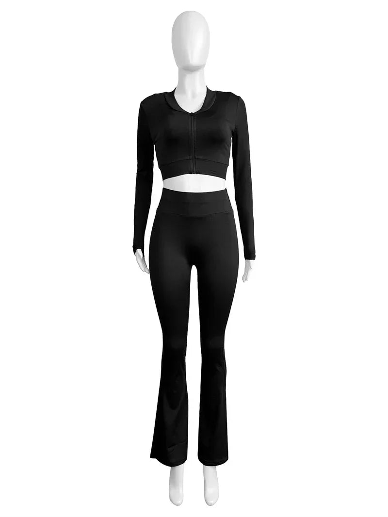 2024 Autumn Solid Women Tracksuits Slim 3 Piece Sets Tank Crop Tops + Zipper Long Sleeve Jackets + High Waist Flare Pants Suits