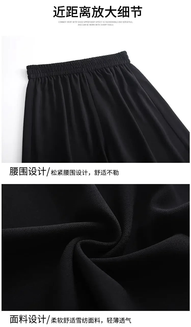 Fashion Women Trousers High Waist Wide Leg Pants Chiffon Slit Culottes Cheap Wholesale Elastic Waist Cropped Pants Free Shipping