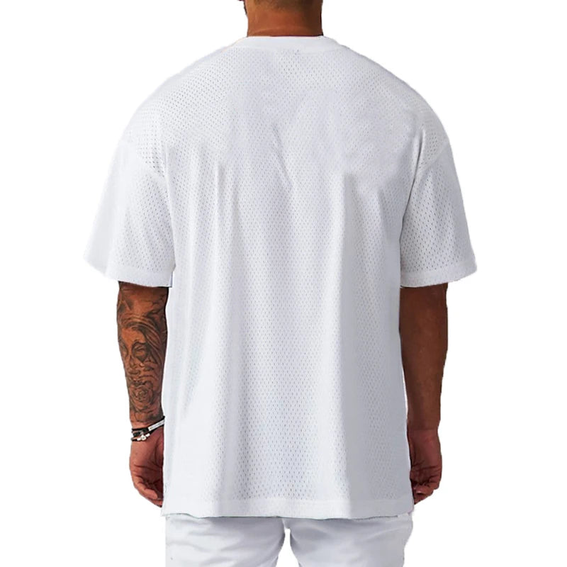 Oversized Gym Bodybuilding Muscle Tops Loose Mesh Quick Dry Shirt Fitness Men's T-Shirt Sports Running Short Sleeve