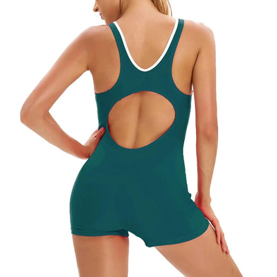 Women's Sport Swimsuit Sleeveless Conservative One-piece Sexy Backless Wetsuit With Chest Pad Color Matching Boxer Swimming Suit