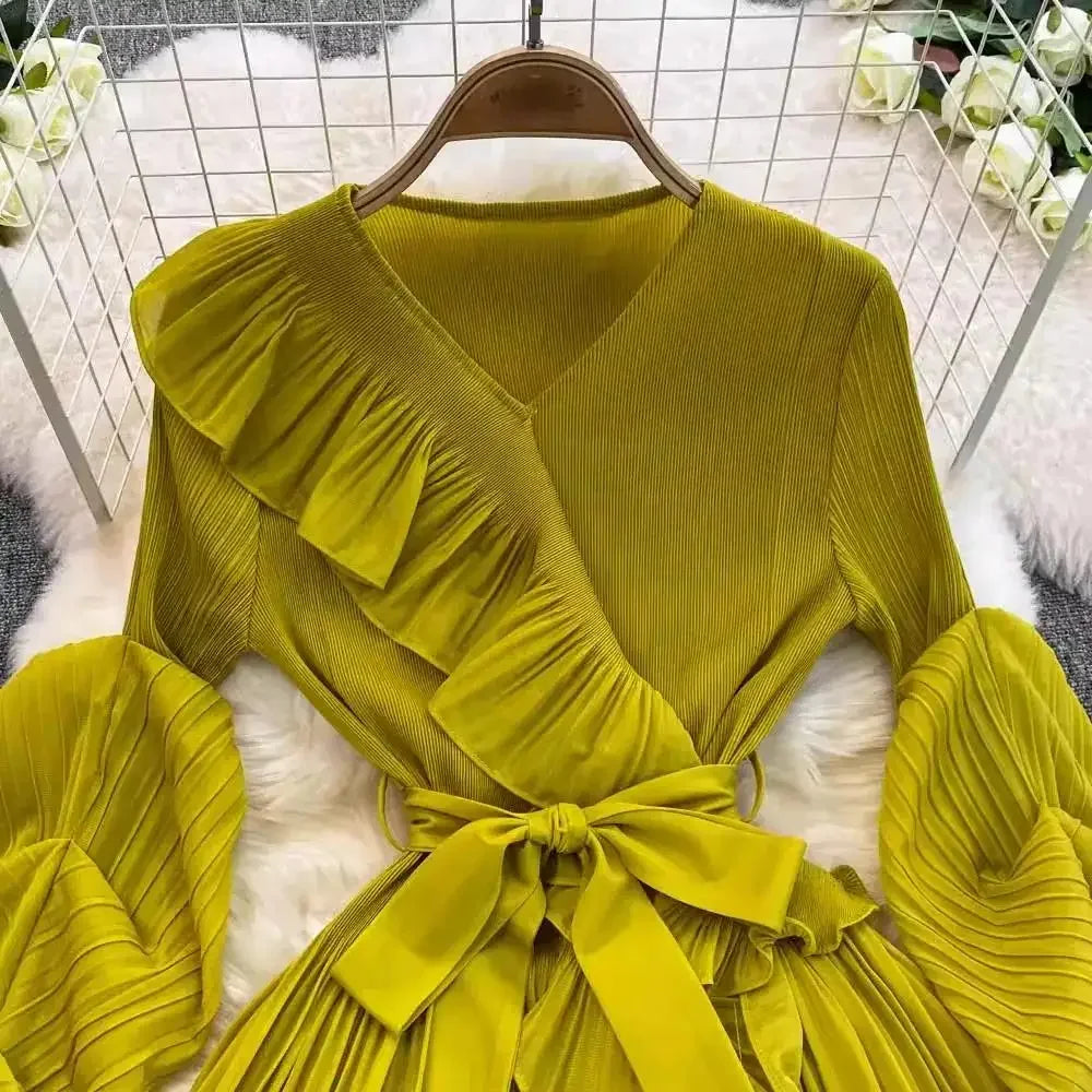 Women's V Neck Ruffles Splice Lantern Sleeve High Stretch Oversized Dresses Miyake Maxi Pleated 2025 Spring Long Party Clothing