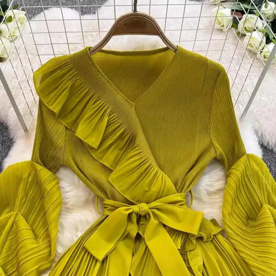 Women's V Neck Ruffles Splice Lantern Sleeve High Stretch Oversized Dresses Miyake Maxi Pleated 2025 Spring Long Party Clothing