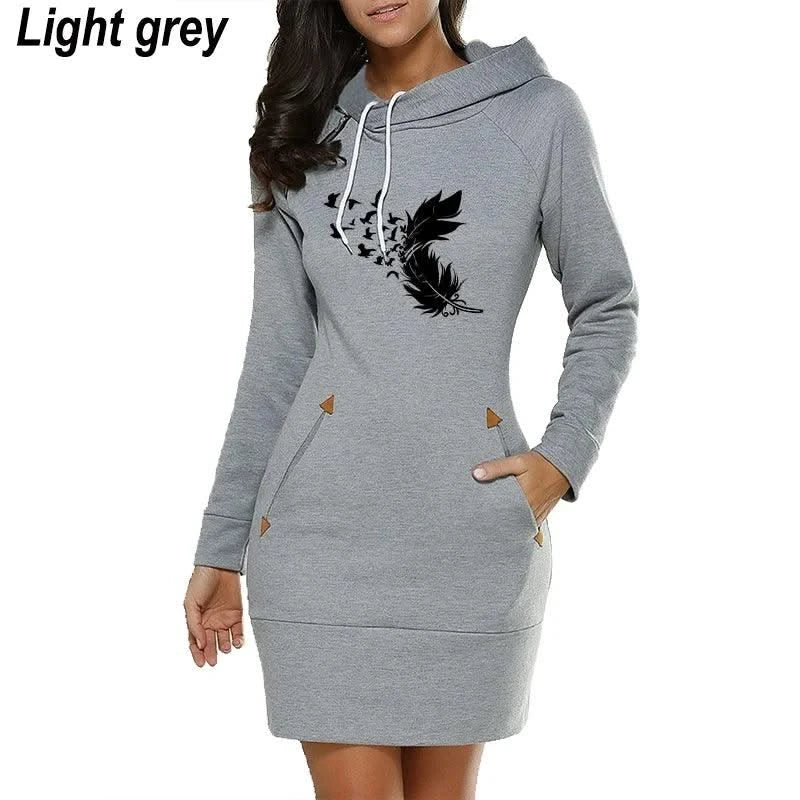 Women Hoodie Dress Sweatshirt Pullover Dress Autumn Winter Feather printed Long Sleeve Slim Pocket Hoodie Dress