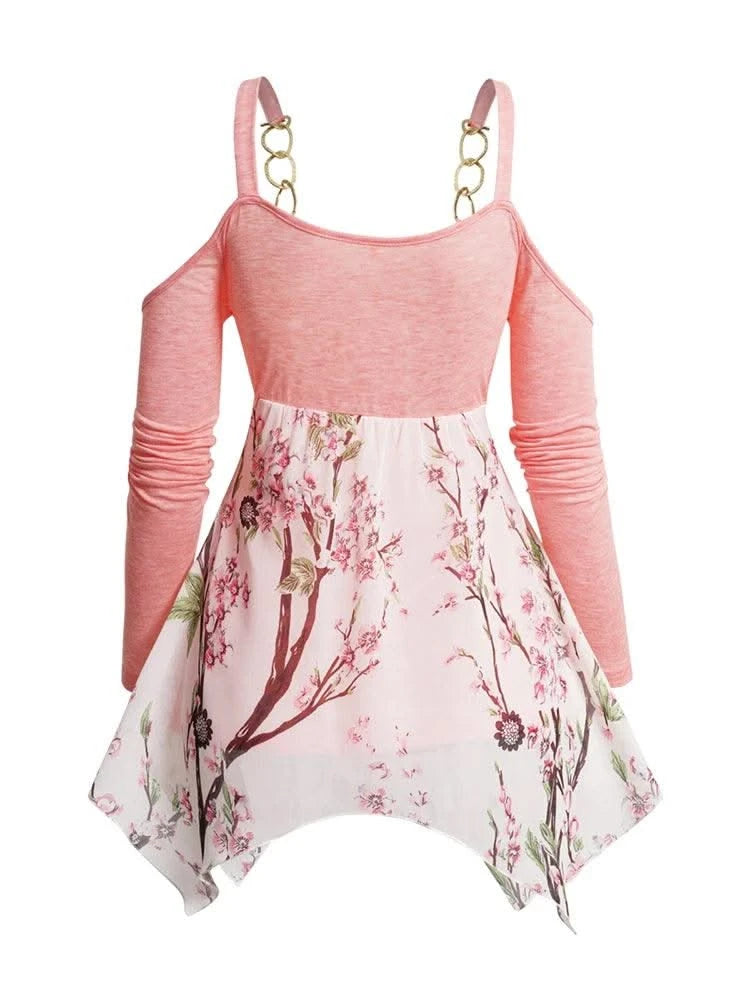 Women Cold Shoulder Blouse Ruffle Flower Branch Printed Irregular Strap Casual Fashion Top 2024 Fashion Top Y2k Clothes