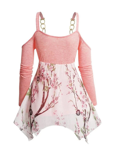 Women Cold Shoulder Blouse Ruffle Flower Branch Printed Irregular Strap Casual Fashion Top 2024 Fashion Top Y2k Clothes