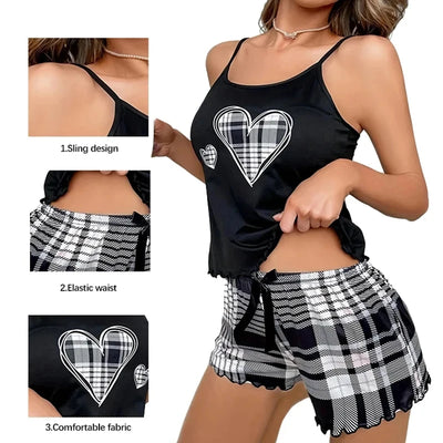 Sexy Nightwear Women's Suspenders Top Plaid Pants Fashion Sleepwear Homewear Two-Piece Set Ladies Pajamas Love Print Loungewear