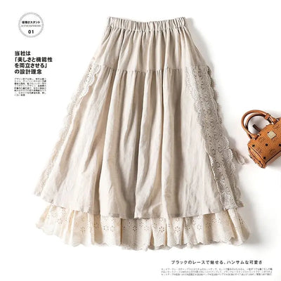 Vintage Chic Embroidery Linen Cotton Long Skirts Women Summer Elastic High Waist Pleated Maxi Skirt Female Elegant A-Line Skirt