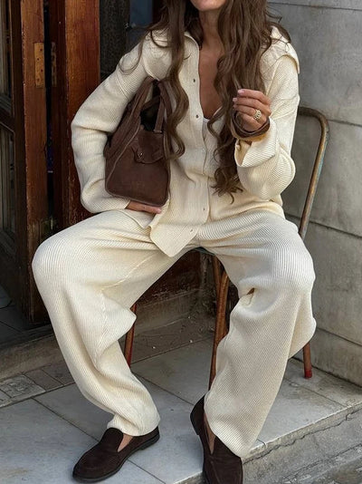 2025 Autumn Street Outfits Knitted Cardigan Pants Sets Women Single Breasted Lapel Sweater High Waist Wide Leg Trousers Suit