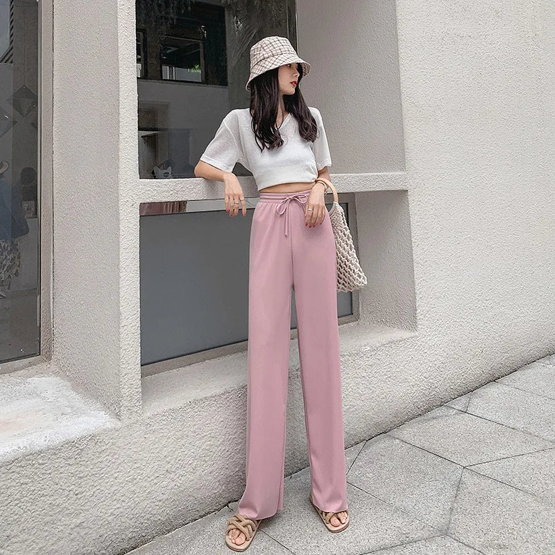 New Women Ankle-Length Wide Leg Pants Casual Summer Solid Elastic Waist Loose Ice Silk Pants Spring Summer Female Trousers
