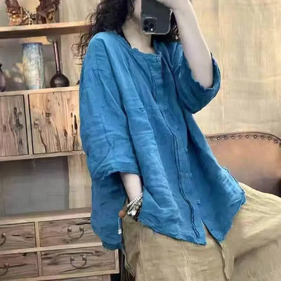 Literary Solid Cotton Linen Shirt 2025 Women Loose Casual Blouse Spring Summer Three Quarter Sleeve Raw Hem Hemp Top
