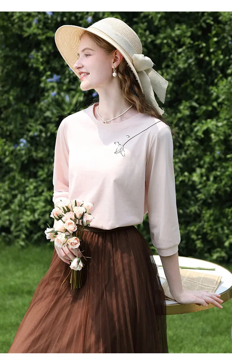 I BELIEVE YOU T-shirts for Women 2024 Autumn New Graphic Gentle Embroidery Three Quarter Sleeve Chic Base Clothing 2243015764