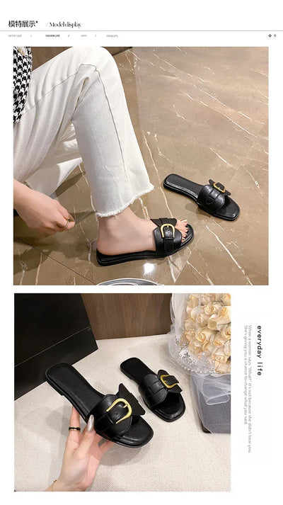 Summer Women Slippers Leather Square Toe Women Flats Flip Flops Designer Ladies Slides Sandals Women Shoes Luxury Sandals