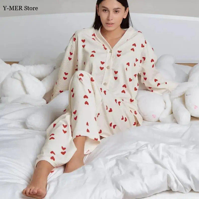 Love Pattern Waffle Pajamas Women Loungewear Set Cardigan Homewear Lady Long Sleeve Top Pant Nightwear 2025 Autumn Spring New