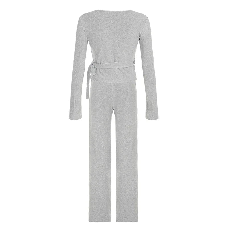 Women Fashion Lounge Set Vintage 2 Piece Outfit Spring Autumn V Neck Waist Tie T-shirt+Elastic Waist Pants Long Sleeve Crop Tops